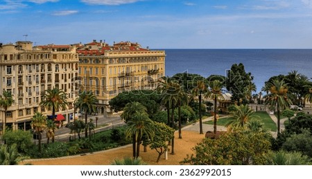 Aerial panoramic view of Jardin Albert 1 garden, Old Town or Vielle Ville buildings and the Mediterranean Sea at sunset in Nice, South of France