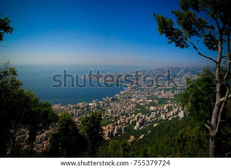 Aerial panoramic view to Jounieh city and bay from Harissa mountain, Lebanon