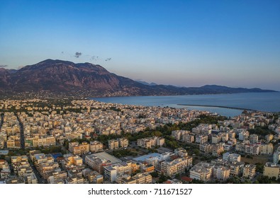 Aerial Panoramic View Of Kalamata City And The Messenian Gulf. Messenia Peloponnese, Greece.