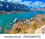 Aerial panoramic view of Kotor Bay in Montenegro. Stunning mountains, buildings, and ships in the bay