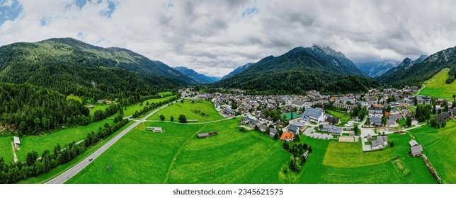 Aerial, panoramic view of Kranjska Gora is a town in Slovenia, on the Sava Dolinka River in the Upper Carniola region. Kranjska Gora is best known as a winter sports town.