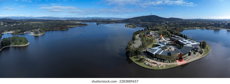 Aerial panoramic view of Lake Burley Griffin in the ACT Australia