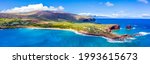 Aerial panoramic view of Lanai, Hawaii featuring Hulopo