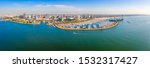 Aerial panoramic view of the Long Beach coastline, harbour, skyline and Marina in Long Beach with Palm Trees,. Beautiful Los Angeles.