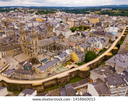 Aerial panoramic view of Lugo city with buildings and landscape, Galicia 

