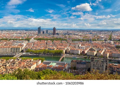 Aerial Panoramic View Of Lyon, France In A Beautiful Summer Day