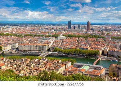 Aerial Panoramic View Of Lyon, France In A Beautiful Summer Day