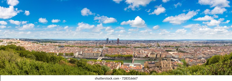 Aerial Panoramic View Of Lyon, France In A Beautiful Summer Day