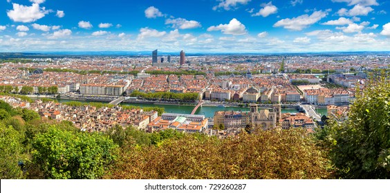 Aerial Panoramic View Of Lyon, France In A Beautiful Summer Day