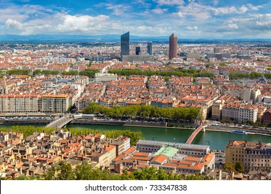 Aerial Panoramic View Of Lyon, France In A Beautiful Summer Day