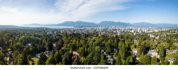 Aerial Panoramic View Of A Modern City During A Sunny Summer Day. Taken In Vancouver, BC, Canada.