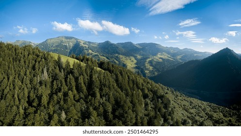 aerial panoramic view of the Nagelfluh mountain chain with Hochgrat summit next to Obertsuafen, Allgaeu Alps, Germany