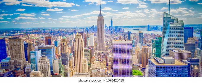 Aerial panoramic view of the New York City skyline from Midtown Manhattan, USA