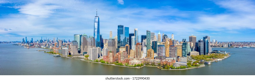 Aerial Panoramic View of the New York City skyline from New York Harbor near Liberty State Park in New Jersey