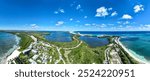 Aerial panoramic view of the northern peninsula of the Hotel Zone (Zona Hotelera) in Cancun, Mexico