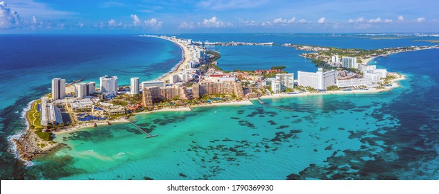 Aerial panoramic view of the northern peninsula of the Hotel Zone (Zona Hotelera) in Cancún, Mexico