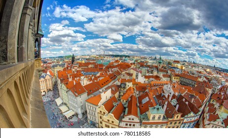 Aerial Panoramic View Of Old Town Square Neighborhood Timelapse In Prague From The Top Of The Town Hall. Cloudy Sky At Summer Day. Fisheye Lens