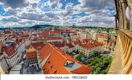 Aerial Panoramic View Of Old Town Square Neighborhood Timelapse In Prague From The Top Of The Town Hall. Cloudy Sky At Summer Day. Fisheye Lens