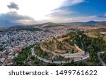 Aerial panoramic view over the city of Lamia, Greece. Centered the famous Castle of Lamia, Phthiotis, Central Greece. 