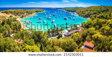 Aerial panoramic view of Palmizana, summer leisure sailing cove and turquoise beach on Pakleni Otoci islands, archipelago of Hvar in Croatia