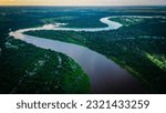 Aerial Panoramic View of Pantanal Delta River Through Lush Green Natural Wetland, Tropical Flooded Grasslands, Paraguay River and Brazil Mato Grosso