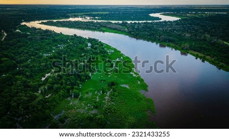 Aerial Panoramic View of Pantanal Delta River Through Lush Green Natural Wetland, Tropical Flooded Grasslands, Paraguay River and Brazil Mato Grosso Foto stock © 