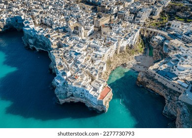 Aerial panoramic view of Polignano a Mare, Bari Province, Apulia (Puglia), southern Italy
