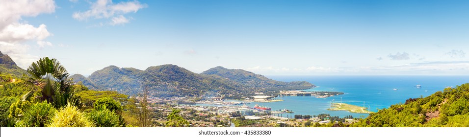 Aerial Panoramic View Of Port An Down Town Victoria, Mahe, Capital Of Seychelles