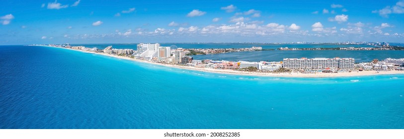 Aerial Panoramic View Of Punta Norte Beach, Cancun, México. Beautiful Beach Area With Luxury Hotels Near The Caribbean Sea In Cancun, Mexico.