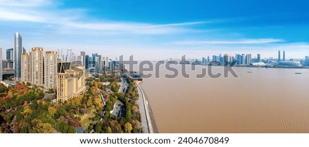Aerial panoramic view of Qiantang River bank in Hangzhou

