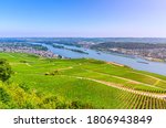 Aerial panoramic view of river Rhine Gorge or Upper Middle Rhine Valley winemaking region with vineyards green fields, Rudesheim am Rhein town, blue sky, Rhineland-Palatinate, Hesse states, Germany