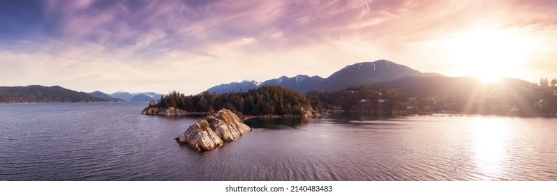 Aerial Panoramic View of Rocky Island on the Pacific Ocean West Coast. Sunny Sunrise Sky Art Render. Whytecliff Park, Horseshoe Bay, West Vancouver, British Columbia, Canada.