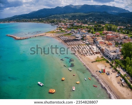 Aerial panoramic view of Roda Beach in summer, Corfu, Ionian Islands Greece.