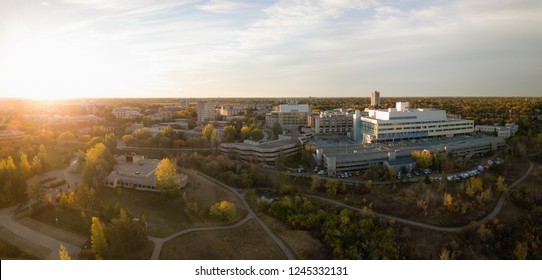 Aerial Panoramic View Of Royal University Hospital During A Vibrant Sunrise Taken In Saskatoon, Saskatchewan, Canada.