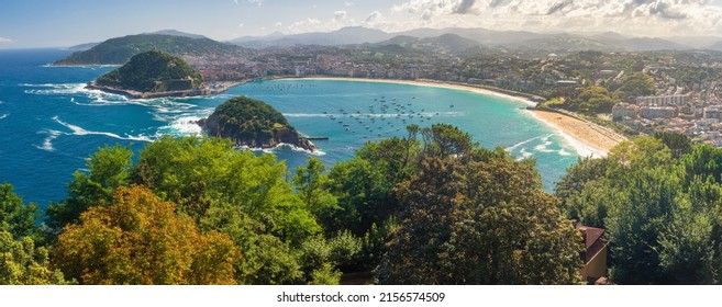 Aerial panoramic view of San Sebastian or Donostia with beach La Concha in a beautiful summer day, Basque country, Spain. Popular summer vacation destination