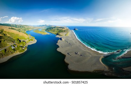 Aerial Panoramic View Of Sea Nature Landscape. Coastline Of The Pacific Ocean, California USA. Travel Concept. Nature View From Above To River Scene. Nature Sea View. Park At Summer.