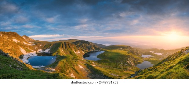 Aerial panoramic view of Seven Rila lakes and waterfalls in nature of mountain range, hiking, trekking and tourism in Bulgaria - Powered by Shutterstock - Get 15% off with code: PIKWIZARD15