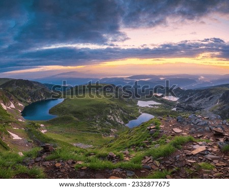 Aerial panoramic view of Seven Rila lakes and waterfalls in nature of mountain range, hiking, trekking and tourism in Bulgaria