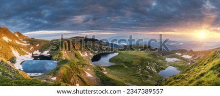 Aerial panoramic view of Seven Rila lakes and waterfalls in nature of mountain range, hiking, trekking and tourism in Bulgaria