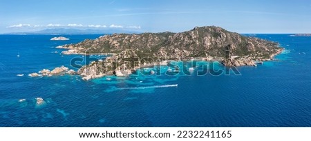 Aerial panoramic view of Spargi Island in the La Maddalena Archipelago, Costa Smeralda, Sardinia, Italy.