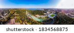 Aerial panoramic view of sports centre with three ski jump towers in Lahti, Finland