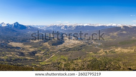 Aerial panoramic view of Town of Jasper in summer time. Jasper National Park, Alberta, Canada. Canadian Rockies.