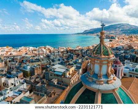 Aerial panoramic view of Trapani harbor, Sicily, Italy. Beautiful holiday town in Italy.