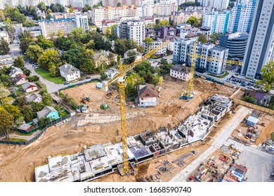 aerial panoramic view of urban area with construction site. new apartment building under construction. birds eye view