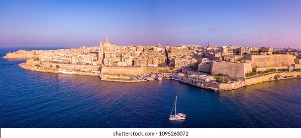 Aerial panoramic view of the Valletta old town on Malta. 