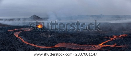 Aerial Panoramic view of Volcano Eruption, Litli-Hr?tur Hill, Fagradalsfjall Volcano System in Iceland. Reykjanes Peninsula. High Resolution Ultra Wide Image.