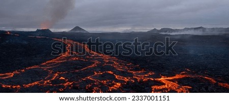 Aerial Panoramic view of Volcano Eruption, Litli-Hrútur Hill, Fagradalsfjall Volcano System in Iceland. Reykjanes Peninsula. High Resolution Ultra Wide Image.