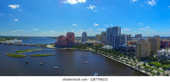 Aerial Panoramic View Of West Palm Beach, Florida At Sunset.