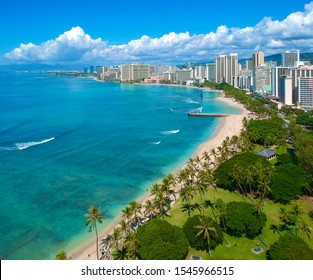 aerial panoramic views of Waikiki Beach Honolulu Hawaii 