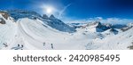 Aerial panoramic winter landscape in Swiss Alps, famous Engelgerg - Titlis ski resort, Switzerland, Europe